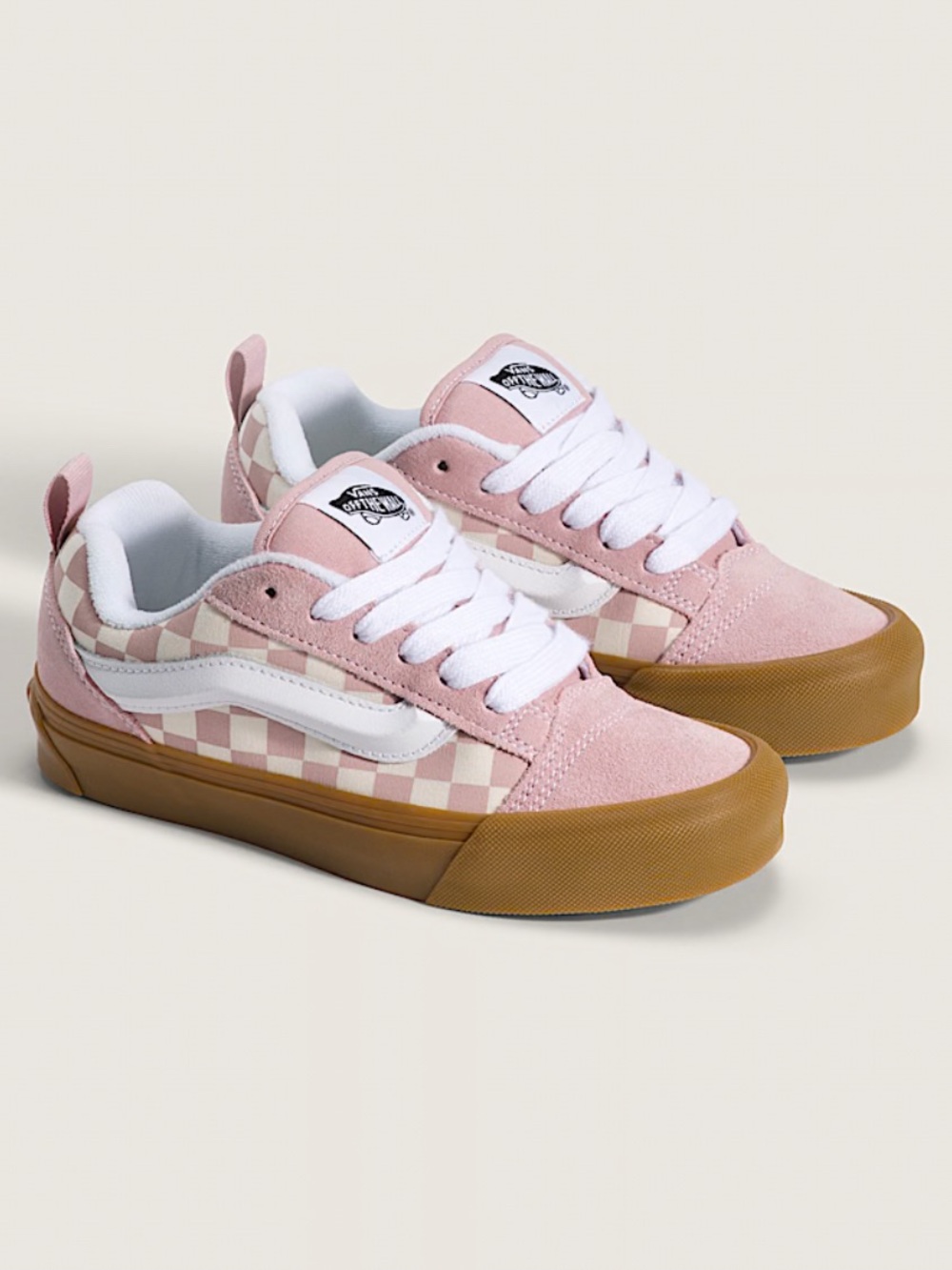 Vans Pink and Cream Checkerboard Old Skool with Gum Sole Big Kids Knu Skool Shoe